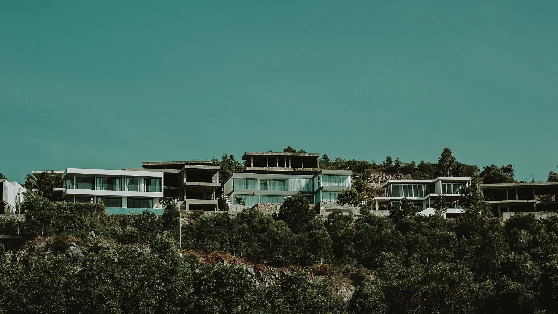 Low-rise buildings among green trees